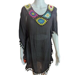 Black Gauzy Poncho w/Crochet Granny Squares Boho Tunic Beach Coverup Sz OSFM
